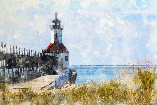 Lighthouse on the Coast in watercolor