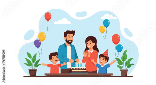 Adobe illustrator artwork vector illustration. Happy family celebrating a birthday with cake and balloons, a cheerful moment of joy and togetherness
