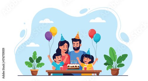 Adobe illustrator artwork vector illustration. Happy family celebrating a birthday with cake and balloons, a cheerful moment of joy and togetherness