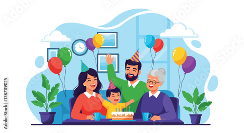 Adobe illustrator artwork vector illustration. Happy family celebrating a birthday with cake and balloons, a cheerful moment of joy and togetherness
