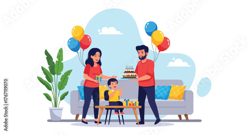 Adobe illustrator artwork vector illustration. Happy family celebrating a birthday with cake and balloons, a cheerful moment of joy and togetherness