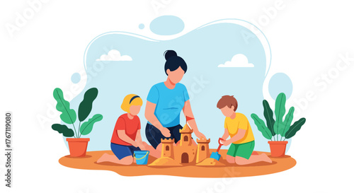 Adobe illustrator artwork vector illustration. Mother and children building a sandcastle on the beach, a joyful scene of summer fun and family playtime