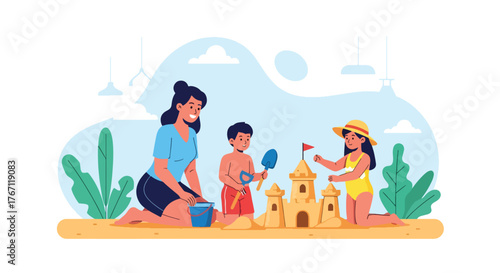 Adobe illustrator artwork vector illustration. Mother and children building a sandcastle on the beach, a joyful scene of summer fun and family playtime