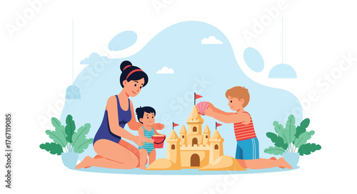 Adobe illustrator artwork vector illustration. Mother and children building a sandcastle on the beach, a joyful scene of summer fun and family playtime