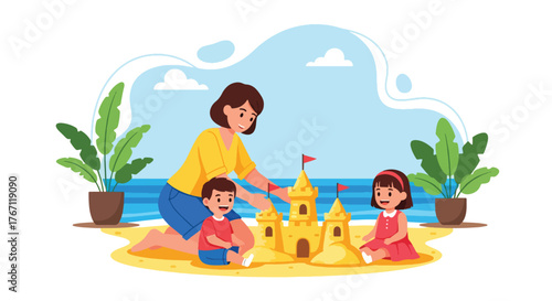 Adobe illustrator artwork vector illustration. Mother and children building a sandcastle on the beach, a joyful scene of summer fun and family playtime
