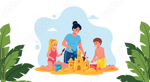 Adobe illustrator artwork vector illustration. Mother and children building a sandcastle on the beach, a joyful scene of summer fun and family playtime