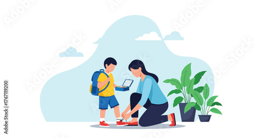 Adobe illustrator artwork vector illustration. Mother tying her son's shoelaces before school, a tender moment of care and preparation for the day ahead