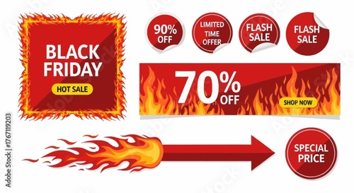 Vibrant collection of flame-effect marketing elements, perfect for announcing urgent limited-time offers and incredible seasonal discounts