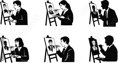 Six different style artist painting portrait on canvas, male and female painter illustration, creative art concept, black silhouette drawing design
