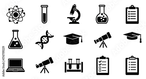 Diverse vector icon collection representing key elements of scientific discovery, academic study, and educational resources for laboratories and learning
