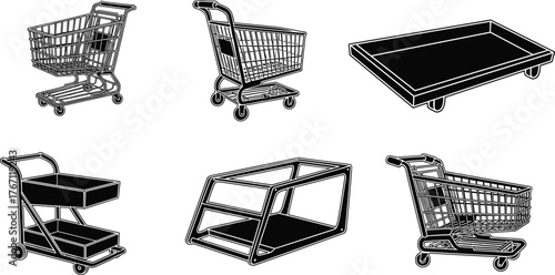 Six shopping cart and trolley silhouette vector set, retail market equipment illustration, black and white modern supermarket design