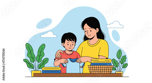 Adobe illustrator artwork vector illustration. Mother and daughter baking cookies together in the kitchen, a heartwarming scene of family fun and culinary learning