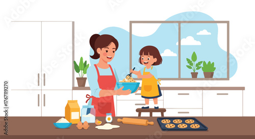 Adobe illustrator artwork vector illustration. Mother and daughter baking cookies together in the kitchen, a heartwarming scene of family fun and culinary learning