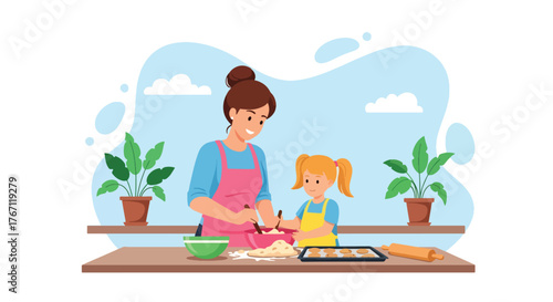 Adobe illustrator artwork vector illustration. Mother and daughter baking cookies together in the kitchen, a heartwarming scene of family fun and culinary learning