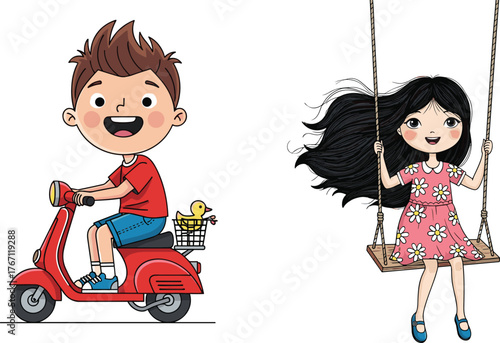Smiling cartoon boy riding red scooter, cute girl on swing wearing floral dress, outdoor kids activities, happy childhood vector illustration, fun