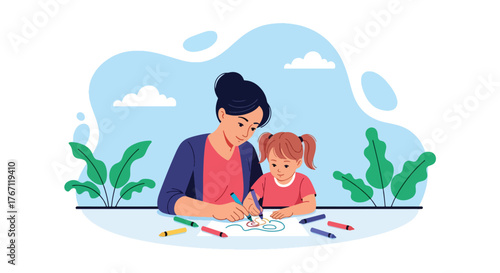 Adobe illustrator artwork vector illustration. Mother and daughter happily drawing together, fostering creativity and bonding. Ideal for family, education, and childhood themes