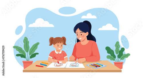 Adobe illustrator artwork vector illustration. Mother and daughter happily drawing together, fostering creativity and bonding. Ideal for family, education, and childhood themes