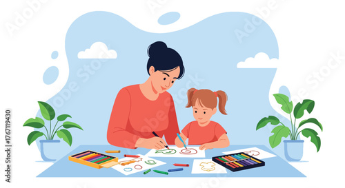 Adobe illustrator artwork vector illustration. Mother and daughter happily drawing together, fostering creativity and bonding. Ideal for family, education, and childhood themes