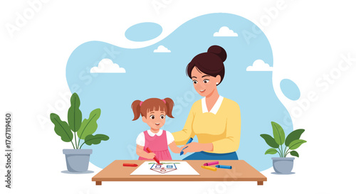 Adobe illustrator artwork vector illustration. Mother and daughter happily drawing together, fostering creativity and bonding. Ideal for family, education, and childhood themes