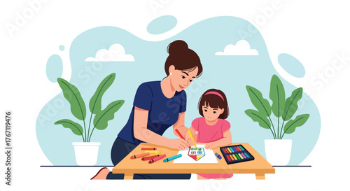 Adobe illustrator artwork vector illustration. Mother and daughter happily drawing together, fostering creativity and bonding. Ideal for family, education, and childhood themes