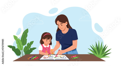 Adobe illustrator artwork vector illustration. Mother and daughter happily drawing together, fostering creativity and bonding. Ideal for family, education, and childhood themes