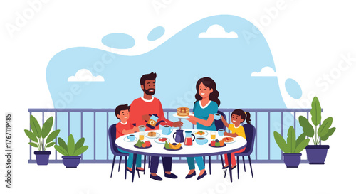 Adobe illustrator artwork vector illustration. Happy family enjoying breakfast together on a cozy balcony, perfect for lifestyle and parenthood themes