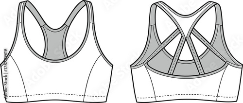 Sports bra technical sketch, fashion illustration front back view, racerback straps, activewear design, garment construction, apparel template, stitching details