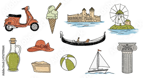 Mediterranean Charm Hand-Drawn Travel Icons, Capturing Italian Summer Vacation and Historic Culture