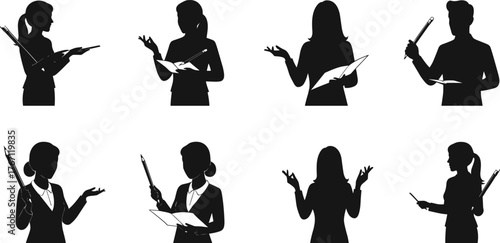 Teacher silhouette vector illustration, education professional holding book and pen, instructor teaching clipart, black outline design, academic lecturer character artwork
