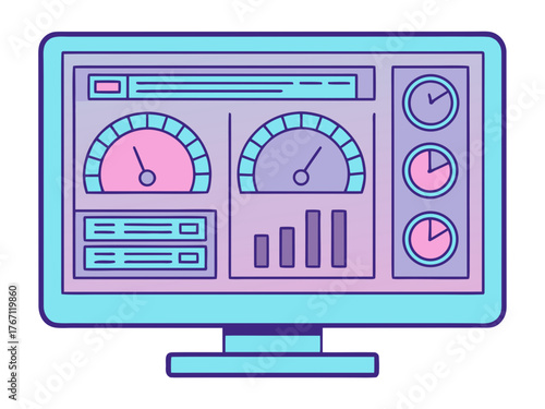 Glowing computer monitor dashboard showing cpu gpu performance data and gauges vector illustration vector
