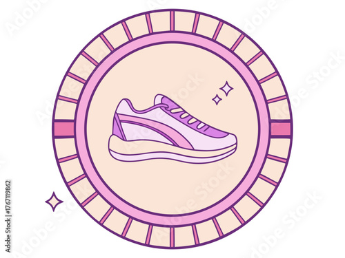 Futuristic holographic step tracker app ui icon with glowing pink sneaker illustration vector