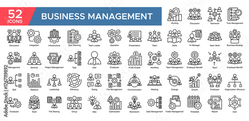 Business Management collection set. Working, Discussion ,Teamwork, Team Management, Business Meeting, Presentation , Workflow, Employee, icon. Simple Outline vector illustrati