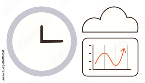Clock alongside a cloud containing a graph with an upward trend line. Ideal for productivity, time tracking, cloud analytics, business growth, forecasting, data management, simple flat metaphor