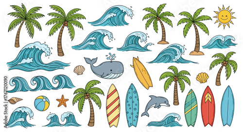 Hand-Drawn Summer Vacation Icon Set Tropical Beach Elements, Ocean Waves, Surfboards, Palm Trees, and Marine Life