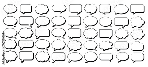 Set of empty comic speech bubbles, Collection of blank comic sound effects, Collection bubbles and comic sound effects different shapes and styles outlined in black on a white background