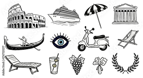 A collection of hand-drawn sketch icons representing travel and vacation symbols from Italy and Greece