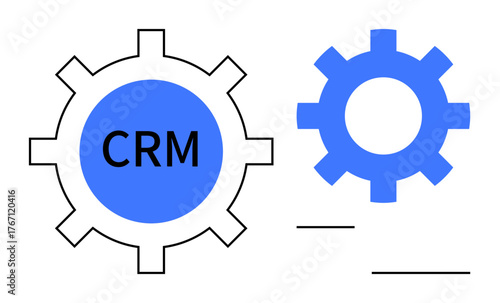 Two interlocking gears, one labeled CRM, denote collaboration, automation, and optimization. Ideal for business, strategy, teamwork, software operations management and efficiency concepts