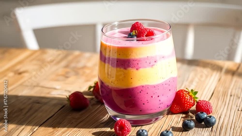 Delicious layered smoothie with fresh berries on wooden table.