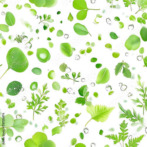 Delicate green herbs, leaves, and droplets floating on white. Fresh, organic, and natural. Ideal for wellness, herbal, food, or eco-friendly branding.

