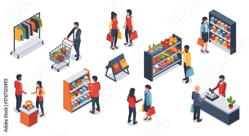 Isometric Illustration of People Shopping in a Grocery Store