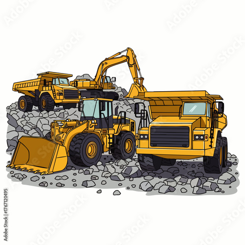 An illustration showcases heavy machinery, including excavators and dump trucks, working on a construction site with rocks and stones.
