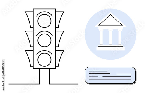 Traffic light alongside courthouse emphasizes justice, governance, civic order, and societal rules. Ideal for law, government policies, public safety, urban planning, compliance education simple