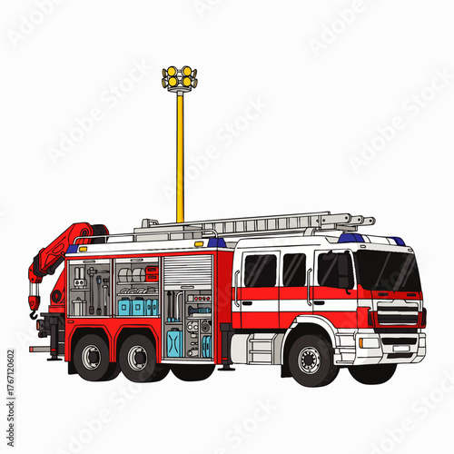 A detailed illustration of a modern fire truck, equipped with a ladder, crane, and emergency lights, ready to respond to any situation.