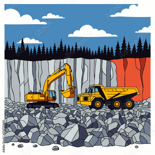 Illustration of a quarry scene featuring heavy machinery, including an excavator and a dump truck, working under a blue sky.