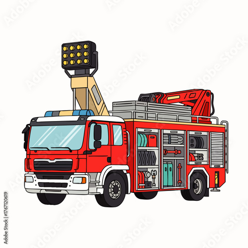 A detailed illustration showcases a vibrant red fire truck, equipped with essential tools and a spotlight, ready to respond to emergencies.