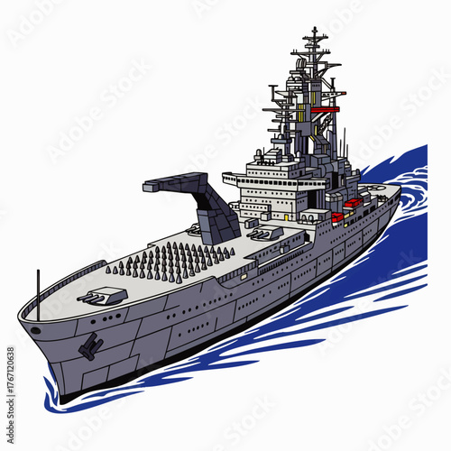 An illustrated depiction of a large naval warship sailing on the ocean, featuring a detailed design and a clean white background.