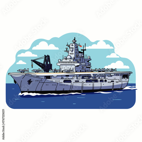 An illustration of a modern aircraft carrier sailing the ocean on a sunny day, showcasing military technology and naval power.