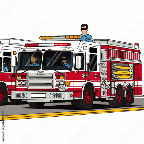 A detailed illustration showcases a red fire truck with firefighters, ready to respond to emergencies, emphasizing safety and rescue operations.