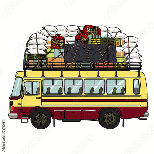 A colorful bus overloaded with luggage travels, depicting a journey filled with adventure and the spirit of exploration, symbolizing travel.