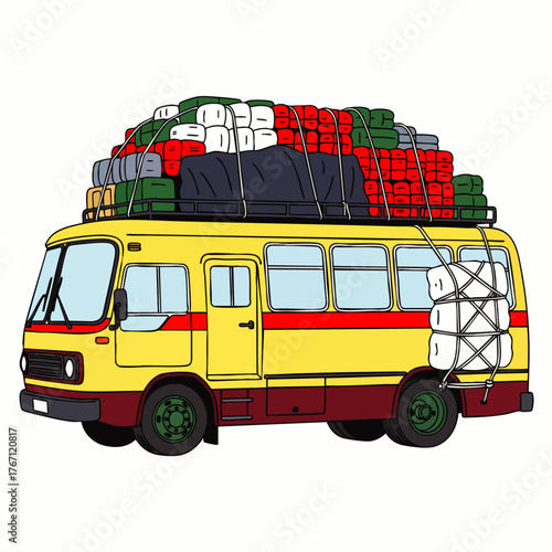 A vibrant illustration captures a yellow bus overloaded with luggage, symbolizing travel, adventure, and the journey ahead, ready to depart.